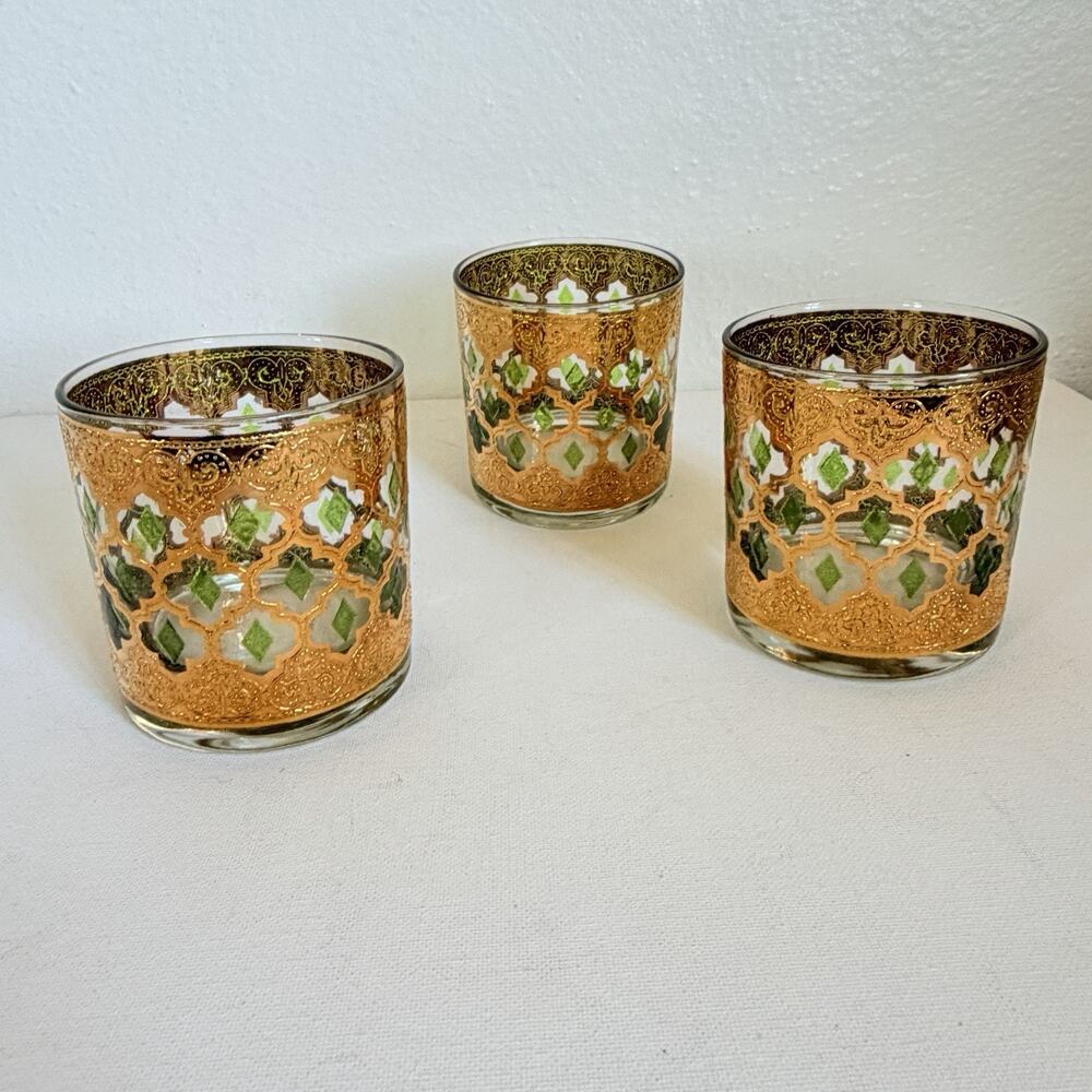 Vintage Culver Valencia Double Old Fashioned Glasses Set 3 22K Gold Barware